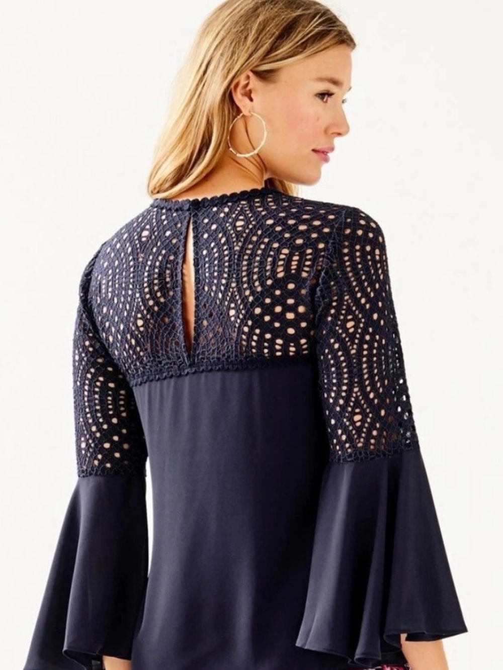 Lilly Pulitzer Amenna Flounce Sleeve Top Navy Crochet Lace Blouse Sz 2